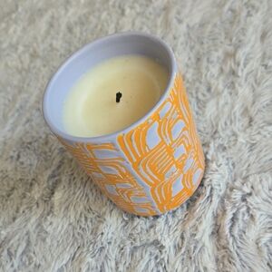 Anthropologie Ceramic Candle with Bright Orange Graphic Pattern